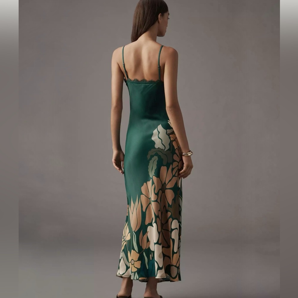 Anthropologie -bl-nk- label Emerald Green Satin Floral Maxi Dress - Picture 2 of 11